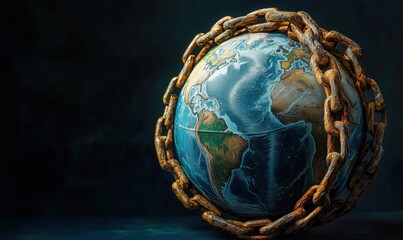 Poster - a chain is wrapped around a globe, symbolizing the world being locked up. concept of confinement and