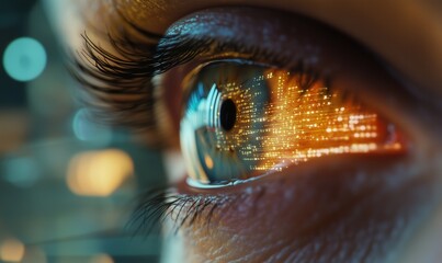 Poster - a close up of a woman's eye with a bright orange glow surrounding it. the eye is surrounded by a blu