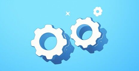  Two Stylized Light Blue Gears with Floating White Dot on Solid Baby Blue Background

