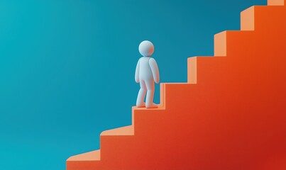 Poster - A man is walking up a red staircase. The stairs are made of a rough material, and the man is wearing a white shirt. Concept of determination and perseverance as the man climbs the steps