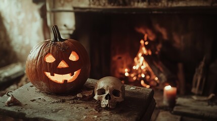 scary laughing pumpkin and old skull on an ancient gothic fireplace halloween theme with elements of