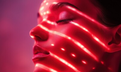 A woman's face is illuminated by a red light, creating a striking and dramatic effect. The red light emphasizes the contours of her face, making her features stand out. Concept of intensity and focus