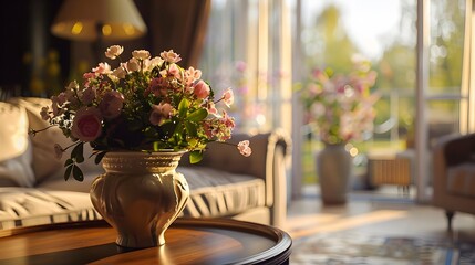 Wall Mural - Coffee table decorated with flowers in an elegant img