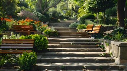 Canvas Print - Stone steps connecting different levels of the garden