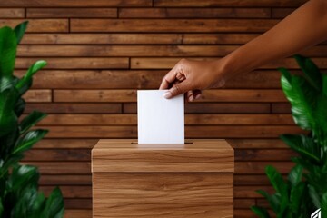 Casting A Ballot: Close-Up of Hand Dropping Vote into Wooden Ballot Box