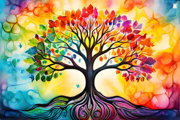 Poster - abstract autumn tree with rainbow