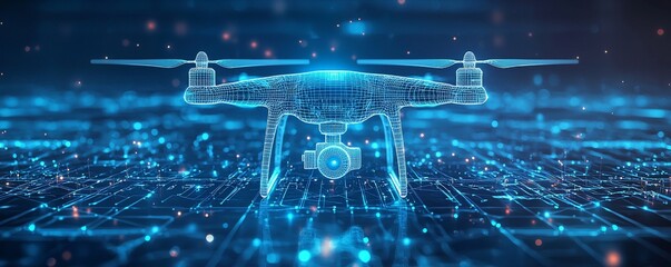 Poster - Digital wireframe illustration of an advanced drone in a futuristic setting