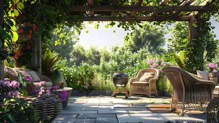 Poster - Terrace with barbecue elegant surrounded by greenery