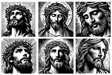 religious icons Jesus Christ set collection of black vector portraits