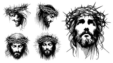 Jesus Christ portraits in ink sketch style, woodcut black vector engravings