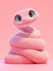 Canvas Print - A pink, fuzzy snake with big eyes and a friendly smile is curled up on a pink background.