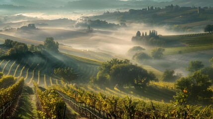 Canvas Print - The morning fog rising over the vineyards