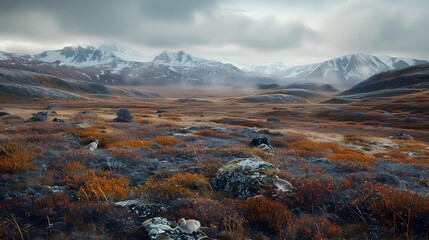 Canvas Print - Cold tundra with low-growing bushes and mosses covering img