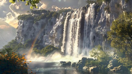 Wall Mural - A majestic cliff from which a powerful stream picture