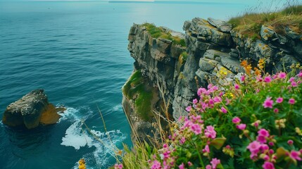 Canvas Print - A tall cliff surrounded by green plants image