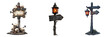 © Chuemon - Halloween signpost with eerie, small skulls, flickering lights attached to it, isolated on a transparent background.