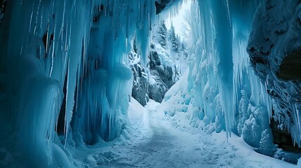 Wall Mural - Gorge with high ice walls forming frozen waterfalls