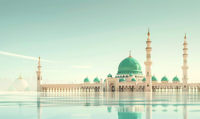 A poster for a mosque with a green dome and a mosque in the background. Milad un Nabi banner and Islamic background with Mawlid al Nabi celebration poster