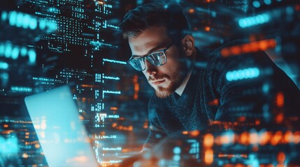 Wall Mural - a focused cryptographer working on a laptop surrounded by codes and cryptographic tools, light solid