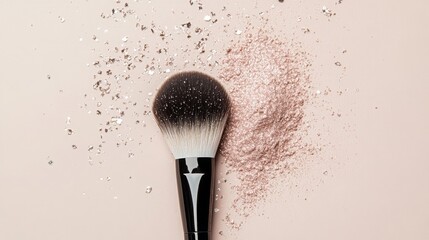 Makeup brush covered with glitter powder on peach background