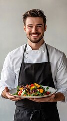 Wall Mural - A smiling chef holding a beautifully garnished plate, showcasing culinary expertise with a light solid color background