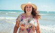 © Dalibor - Joyful plus-sized woman in a summer dress and hat, walking along the beach under a bright sky. Free copy space for text.