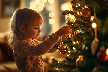 Wall Mural - little girl is decorating a christmas tree with golden baubles, enjoying the magical atmosphere of t
