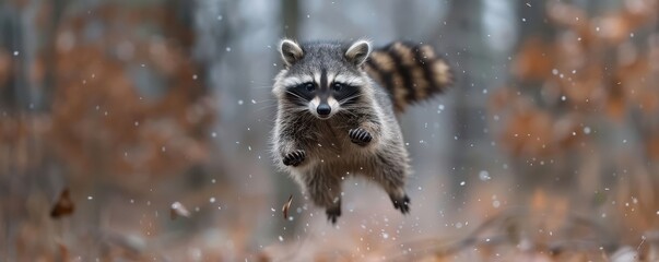 Wall Mural - Raccoon mid-air, appearing to fly through a forest with autumn colors.