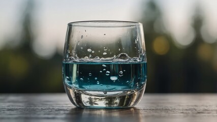 A glass filled with liquid sitting on top of a table.