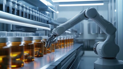 Poster - A robotic arm is methodically dispensing medication from bottles on a laboratory shelf in a state-of-the-art facility