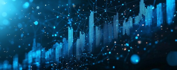 Poster - Wireframe illustration of financial graph with digital data points and glowing nodes