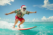 © Running opossum - Santa claus is enjoying a sunny christmas surfing on a wave and pointing at something in the distance