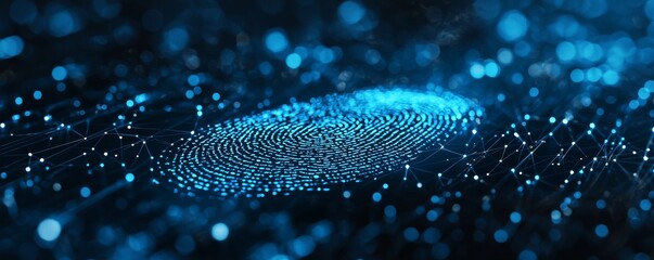 Poster - Digital wireframe illustration of a fingerprint scanner in blue tone with network connections
