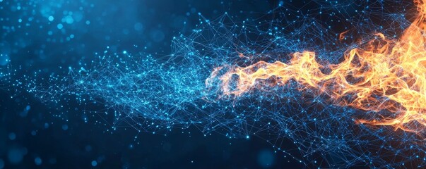 Poster - abstract digital blue wireframe pattern with dynamic waves and particles