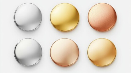 For diverse applications, this set of metallic rose gold, bronze, silver, steel, holographic, and golden circle buttons features a modern format.