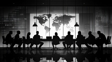 Business Executives Meeting in a Corporate Boardroom. Black and white silhouette. AI generated image