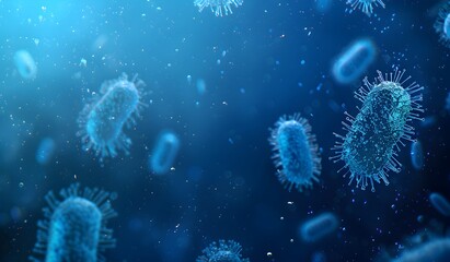 Poster - A blue background with a close-up of bacteria. Some small and large oval shapes are floating in the air, looking like medical or scientific themes. The background is dark blue to make it look like an 