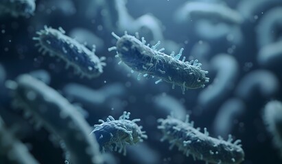 Poster - A close up of bacteria under the microscope, showing their long and curved shapes with blue color tones. The background is dark gray to highlight these microorganisms in detail