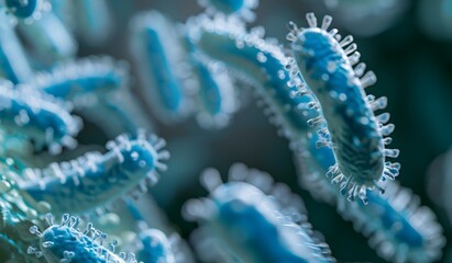 Canvas Print - A close up of bacteria under the microscope, showing their long and curved shapes with blue color tones. The background is dark gray to highlight these microorganisms in detail