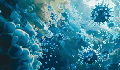 Poster - Against a blue background, blue bacteria in the foreground. The artwork is in the style
