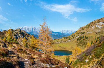 Wall Mural - Autumn alpine Grosser Paarsee or Paarseen lake, Land Salzburg, Austria. Alps Hochkonig rocky mountain group view in far.