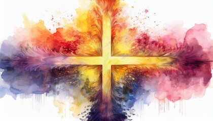 Wall Mural -  A luminous watercolor cross blending pinks and yellows, isolated on a white background with