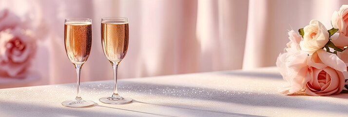 Two glasses of champagne on a delicate pink background with golden lights. A festive greeting card with congratulations on a birthday, wedding, New Year.