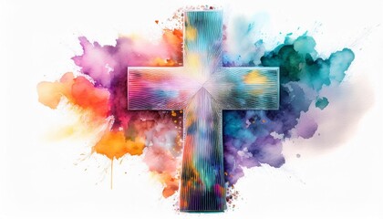 Canvas Print - A pastel watercolor cross in gentle blues and pinks, floating in a white background, leaving