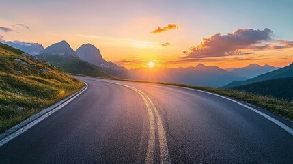 Sticker - In spring, a scenery with the empty highway through the mountain pass, a colorful sunset, and rocks and stones are mixed with blue skies and clouds. This is a landscape with a curved road, rocks and