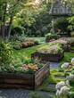 © FUSIONEDGE STUDIO - A tranquil backyard oasis features a galvanized elevated garden bed, beautifully nestled in vibrant, lush grass, brimming with colorful flowers and fresh herbs.