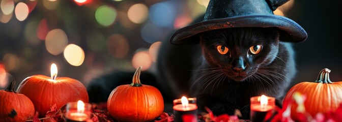 Wall Mural - Black cat in witch hat among halloween pumpkins and candles 