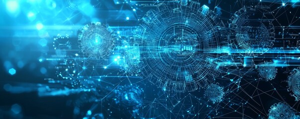 Poster - wireframe illustration of interconnected gears and technology background