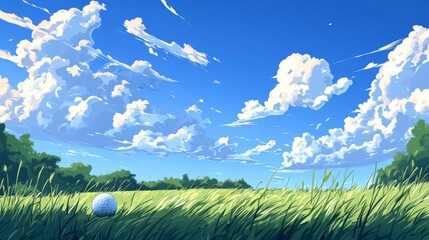 The illustration depicts a golf ball on a lush green meadow