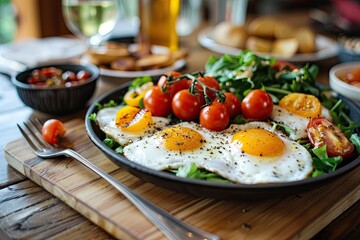 bulls eye eggs, cherry tomatoes, yellow tomatoes, fresh greens